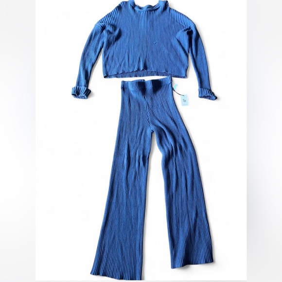 Pants - Blue Ribbed Knit Sweater and Pants Set